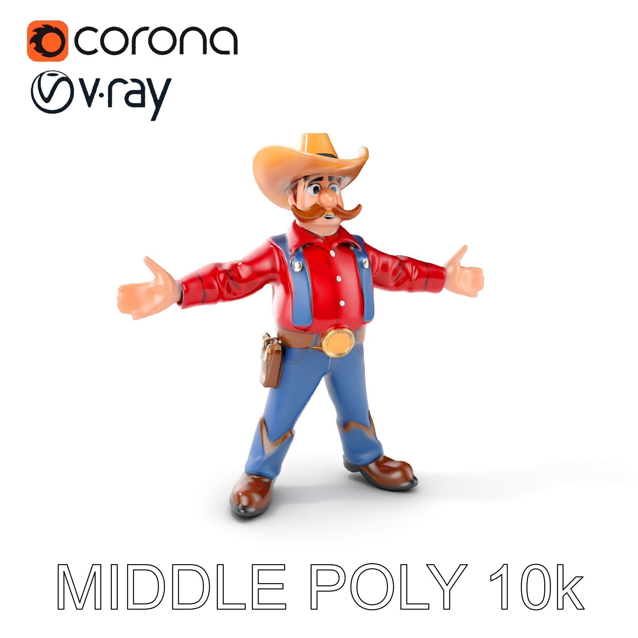 Charming Cartoon Cowboy with Hat and Mustache Low-poly 3D model_12