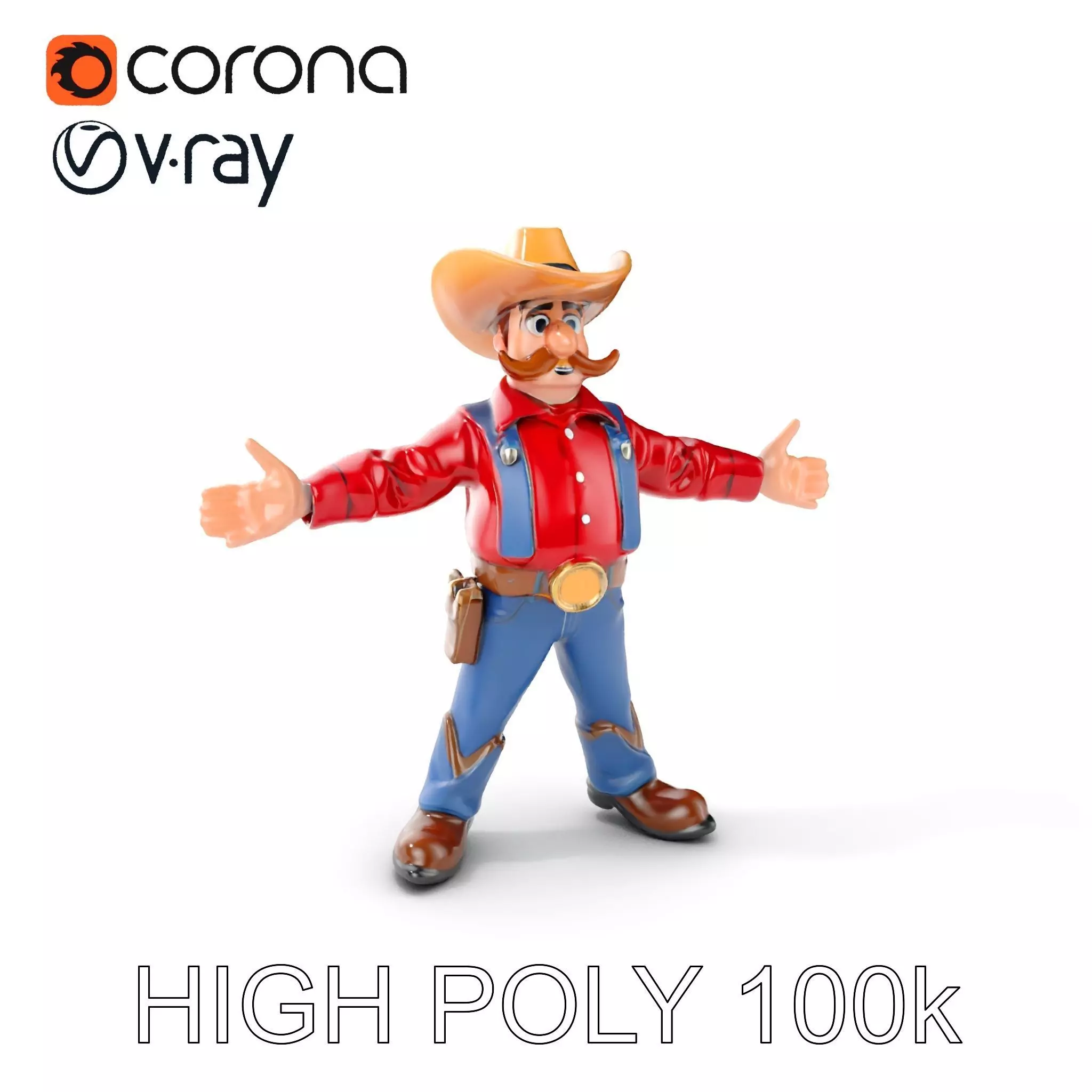 Charming Cartoon Cowboy with Hat and Mustache Low-poly 3D model_0