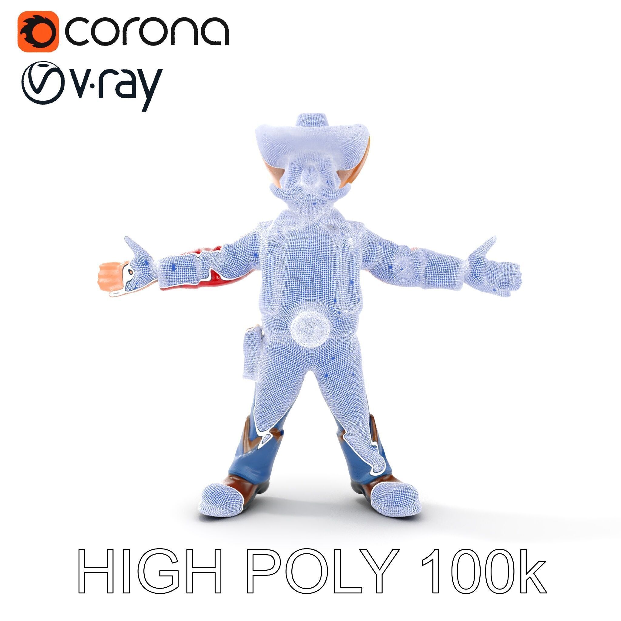 Charming Cartoon Cowboy with Hat and Mustache Low-poly 3D model_36