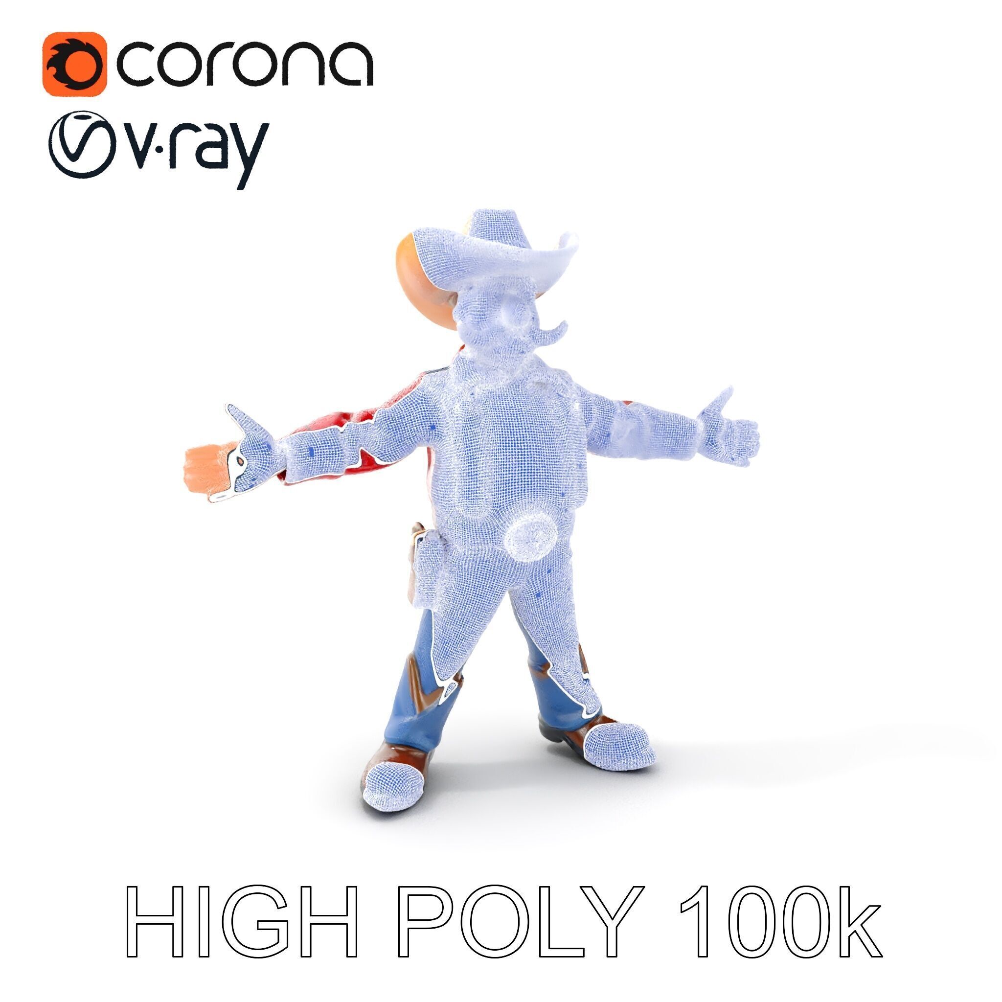 Charming Cartoon Cowboy with Hat and Mustache Low-poly 3D model_5