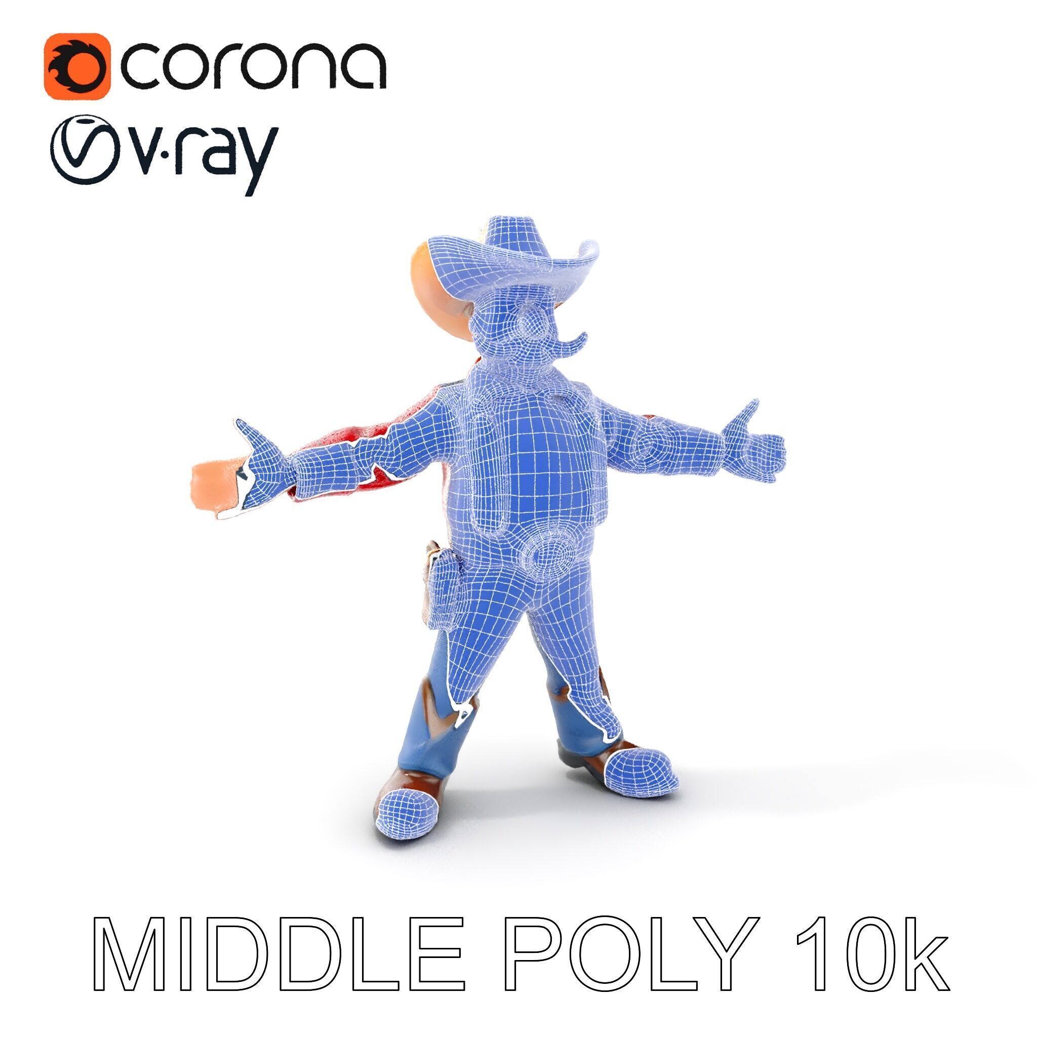 Charming Cartoon Cowboy with Hat and Mustache Low-poly 3D model_21