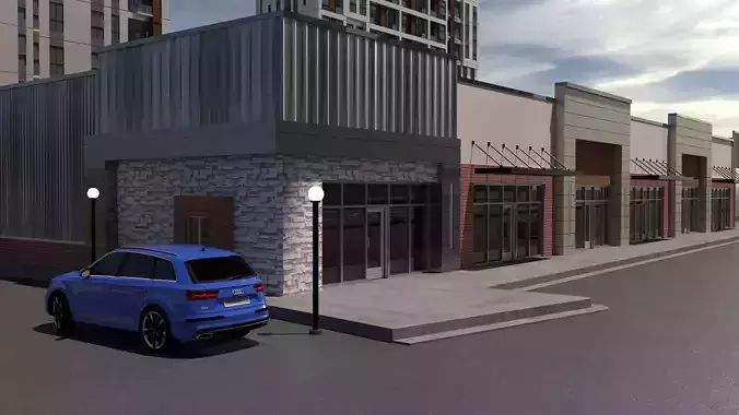 Modern Strip Mall Exterior  Concept Urban Commercial Scene