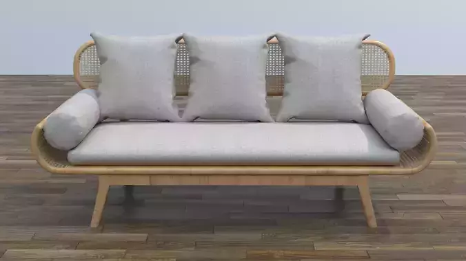 Modern Wooden Rattan Sofa with Cushions Game Ready 