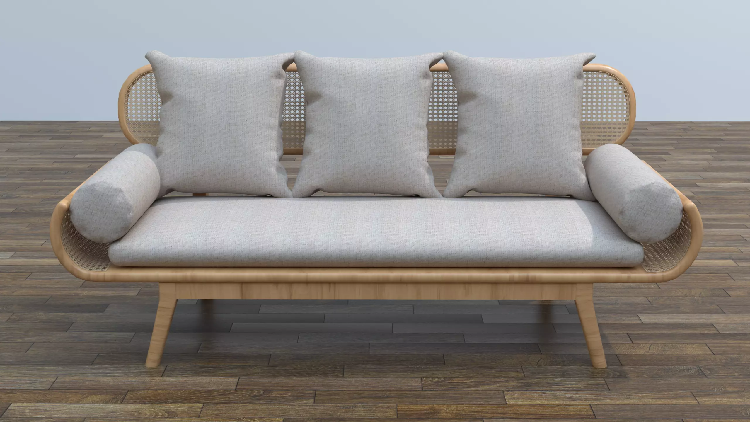 Modern Wooden Rattan Sofa with Cushions Game Ready Low-poly 3D model_0