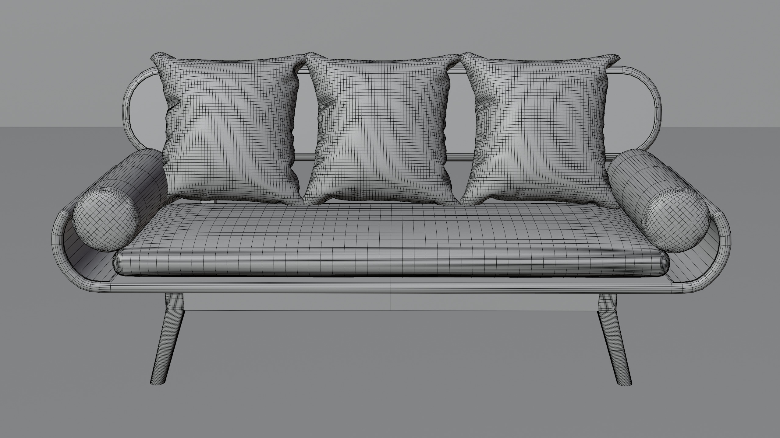 Modern Wooden Rattan Sofa with Cushions Game Ready Low-poly 3D model_1