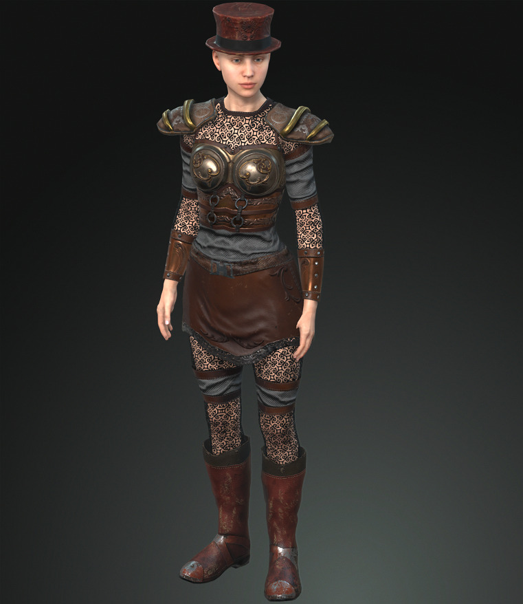 Steampunk rigged character woman Low-poly 3D model_3