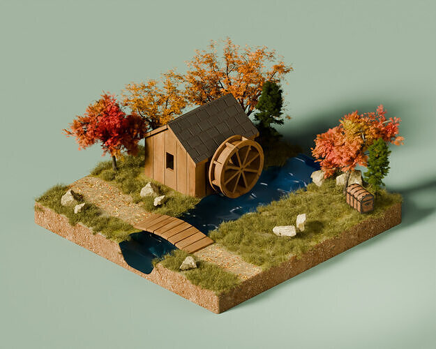 Stylized Watermill Scene Low-poly 3D model