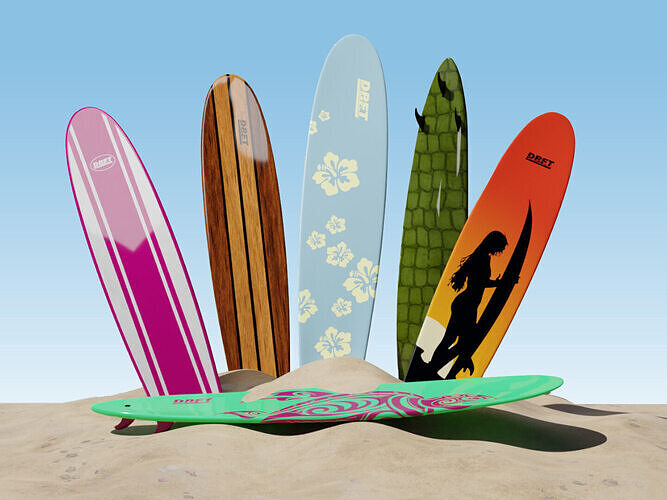 Longboard Surfboard with 6 Unique Design Variants Low-poly 3D model