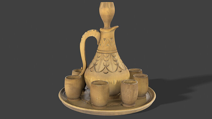 Wooden Jug with Shot Glasses on Tray Low-poly 3D model