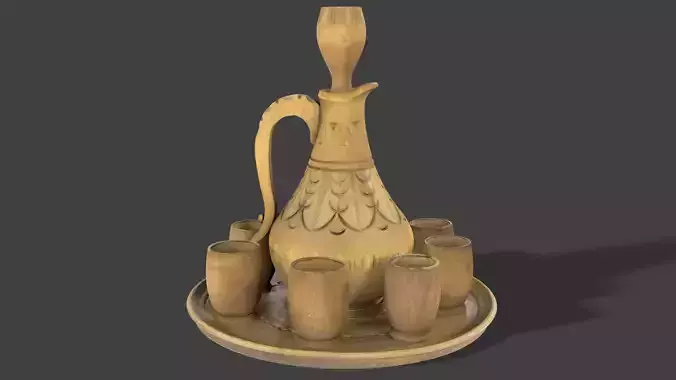 Wooden Jug with Shot Glasses on Tray
