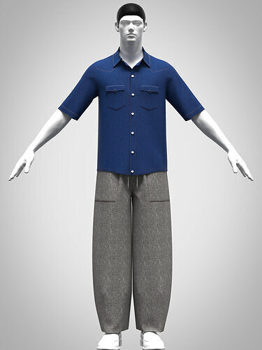 Mens barrel leg pant and denim shirt rigged model Low-poly 3D model