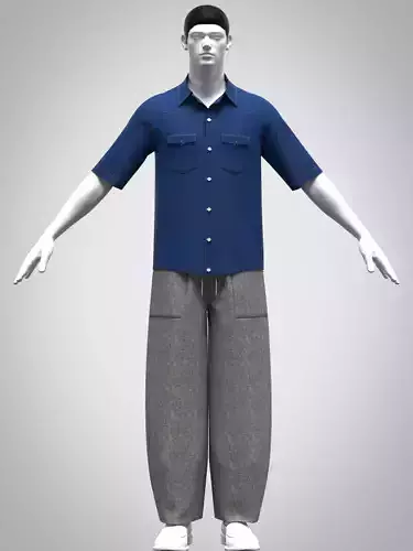 Mens barrel leg pant and denim shirt rigged model Low-poly 3D model
