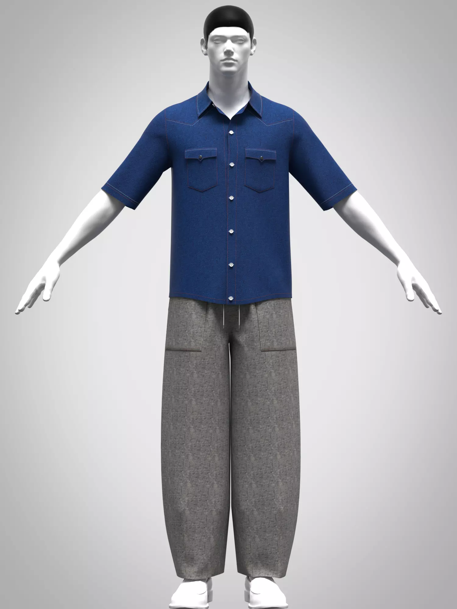 Mens barrel leg pant and denim shirt rigged model Low-poly 3D model_0