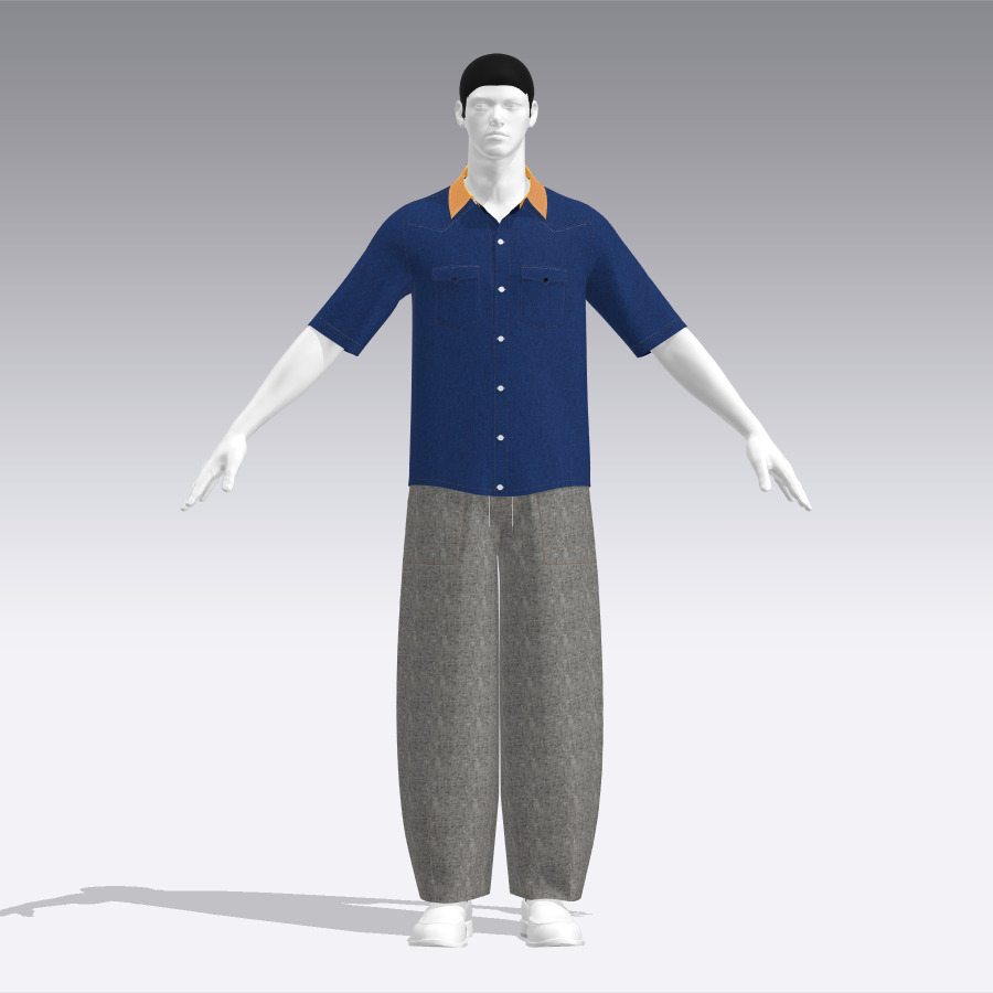 Mens barrel leg pant and denim shirt rigged model Low-poly 3D model_7