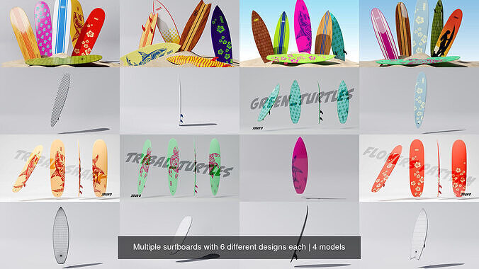 Multiple surfboards with 6 different designs each 3D Model Collection