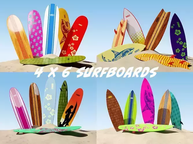 Multiple surfboards with 6 different designs each