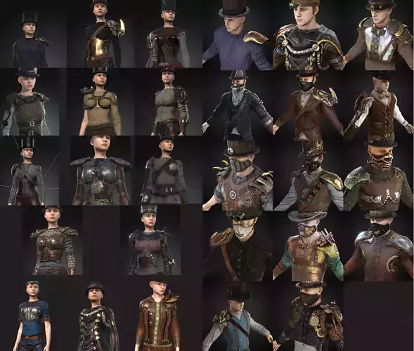 Mega Pack 28 Steampunk rigged character woman man Low-poly 3D model