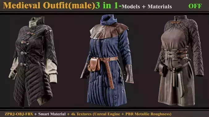 3 in 1 Medieval Outfit-MD-Clo3d-OBJ-FBX-ZPRJ-Material-Textures