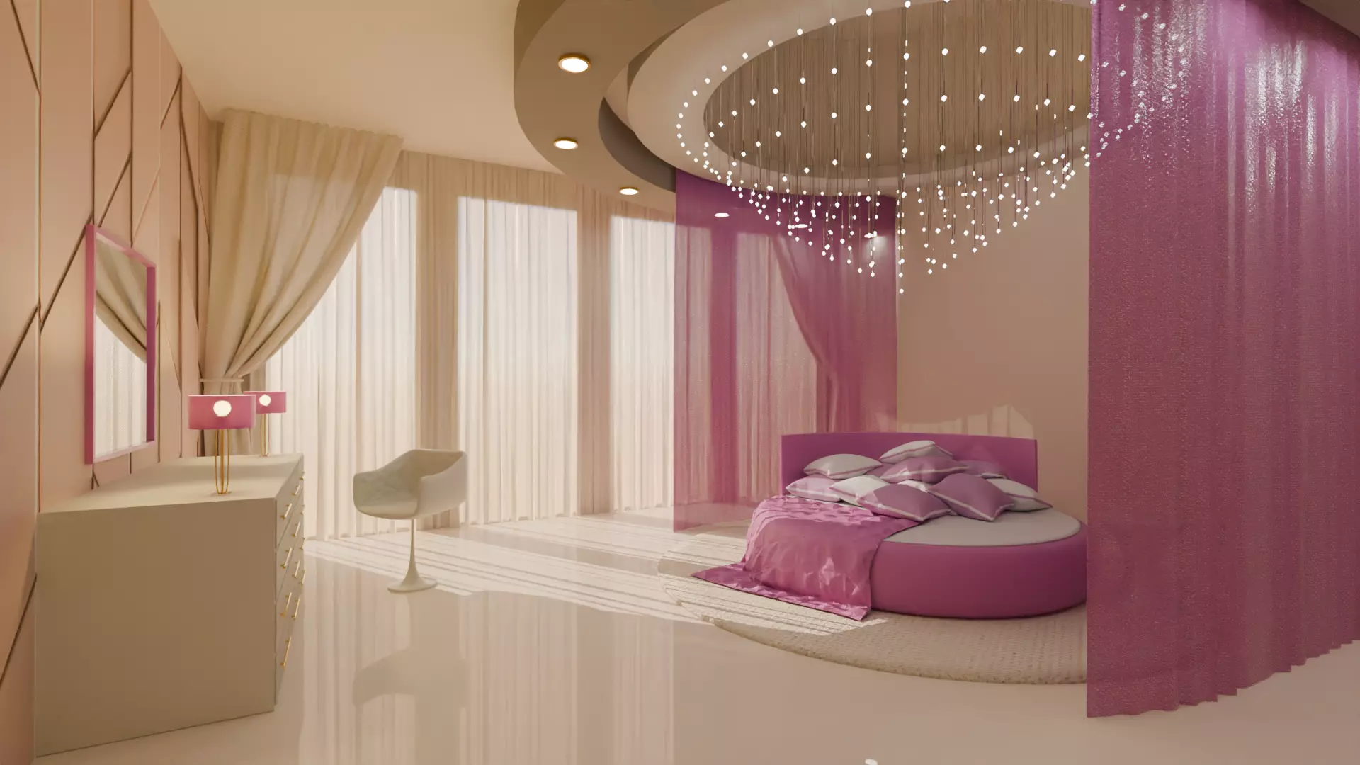 Elegant Round Bed Bedroom Interior Scene Low-poly 3D model_0