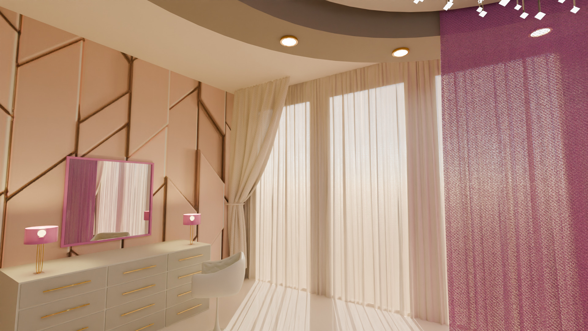 Elegant Round Bed Bedroom Interior Scene Low-poly 3D model_3