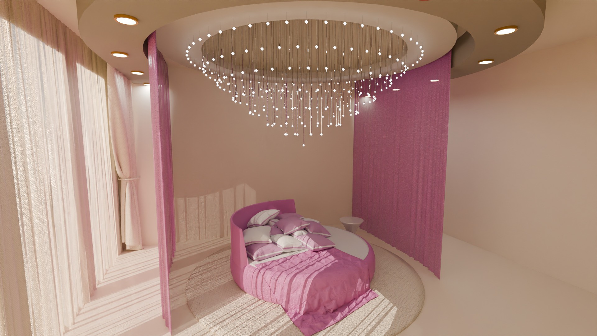 Elegant Round Bed Bedroom Interior Scene Low-poly 3D model_4