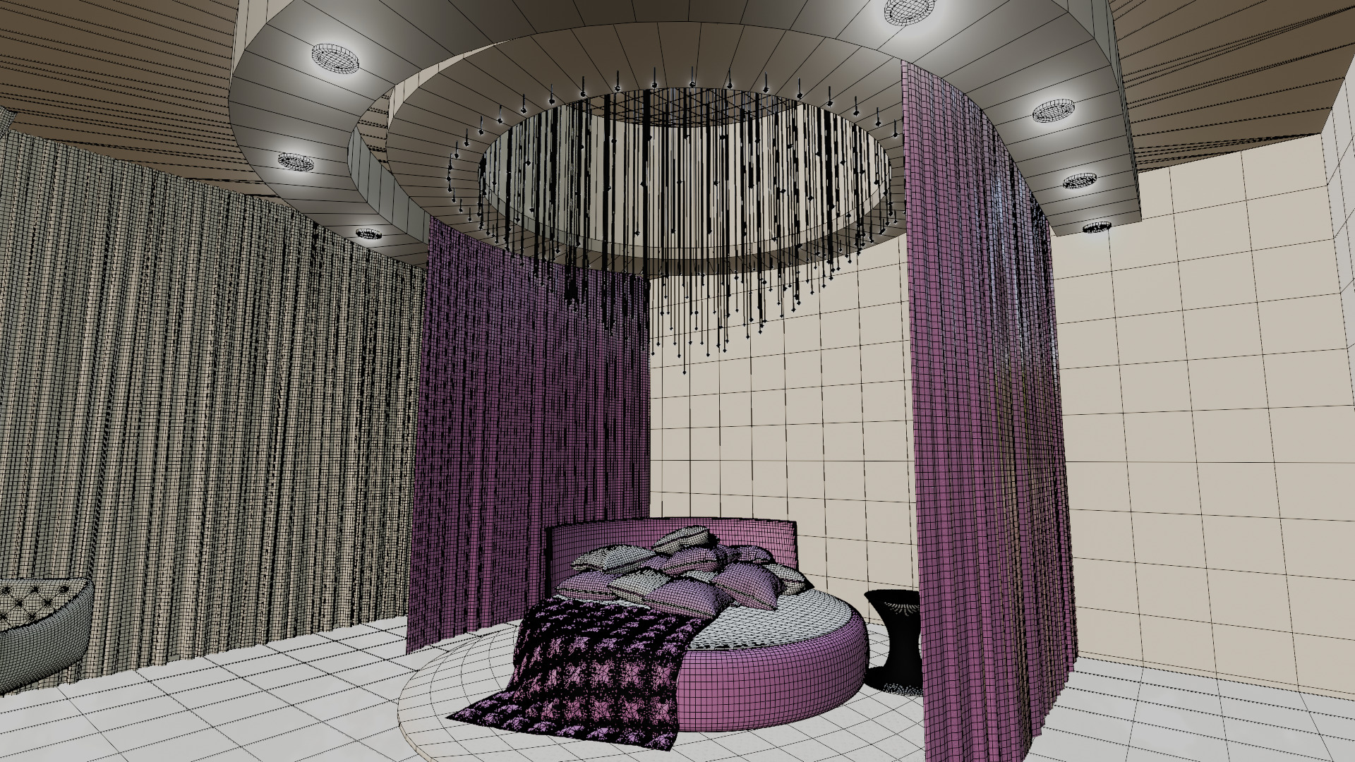 Elegant Round Bed Bedroom Interior Scene Low-poly 3D model_6