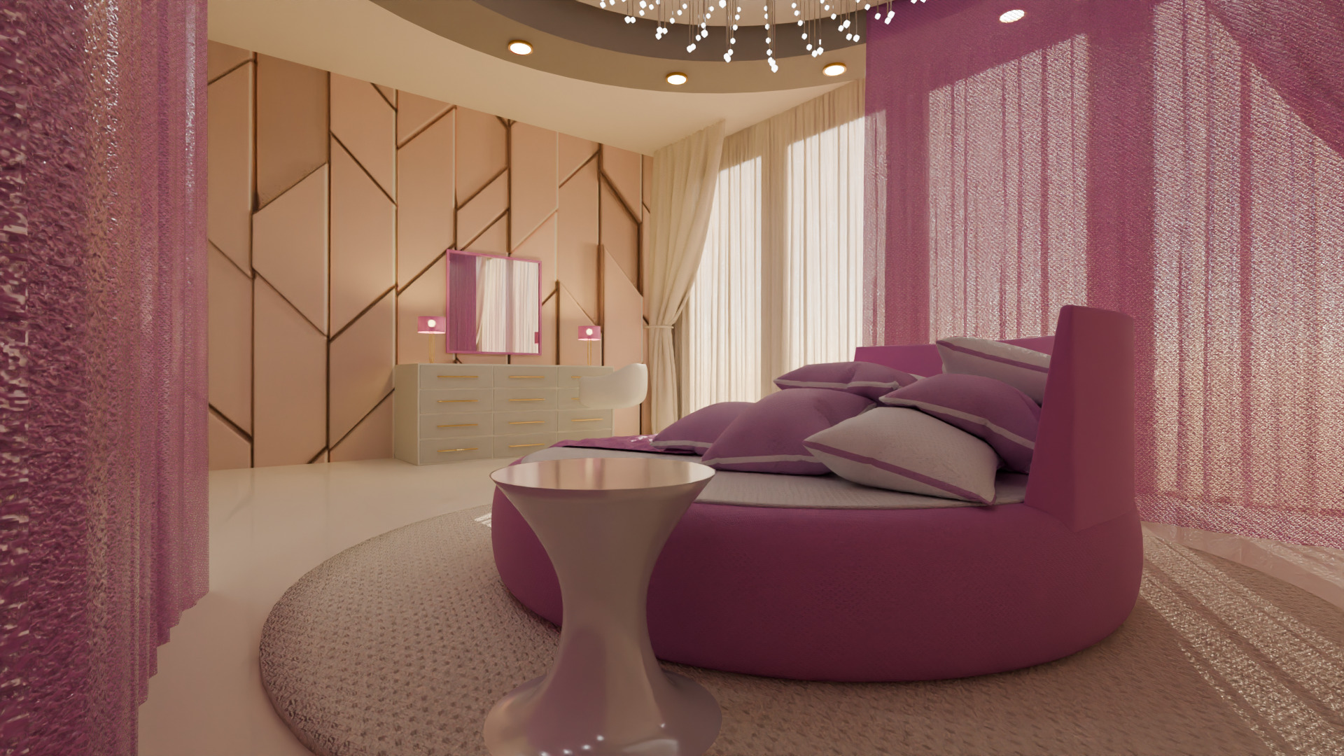 Elegant Round Bed Bedroom Interior Scene Low-poly 3D model_1