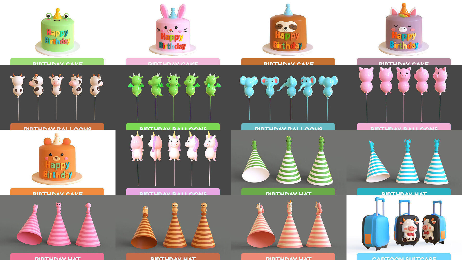 Cartoon Party Props Birthday Decoration Set 3D Model Collection_1