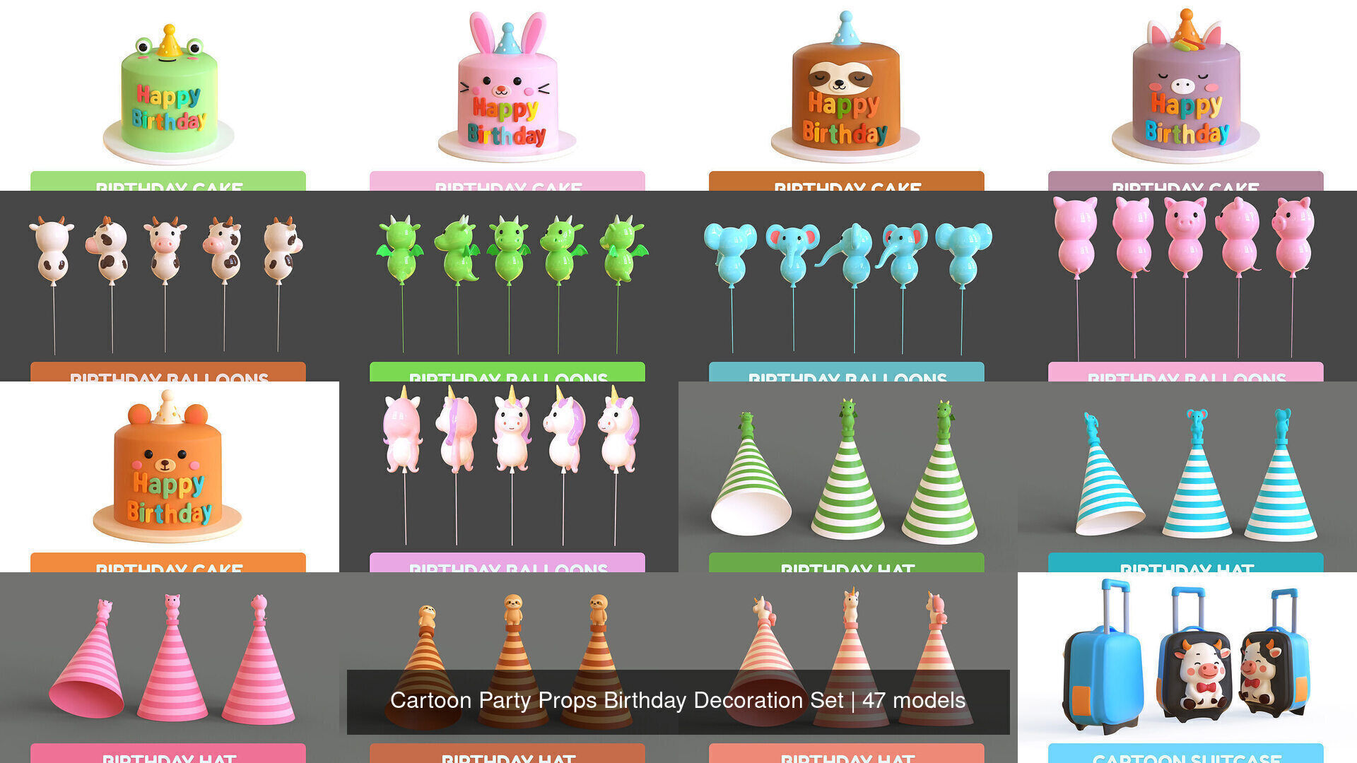 Cartoon Party Props Birthday Decoration Set 3D Model Collection_2
