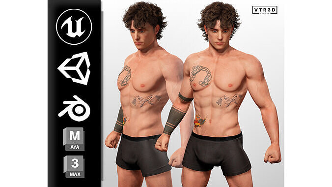 Realistic Male Character Tattoed Game Ready Low-poly 3D model