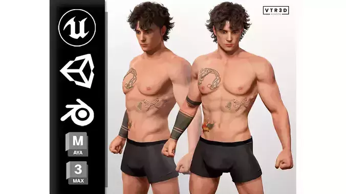 Realistic Male Character Tattoed Game Ready Low-poly 3D model