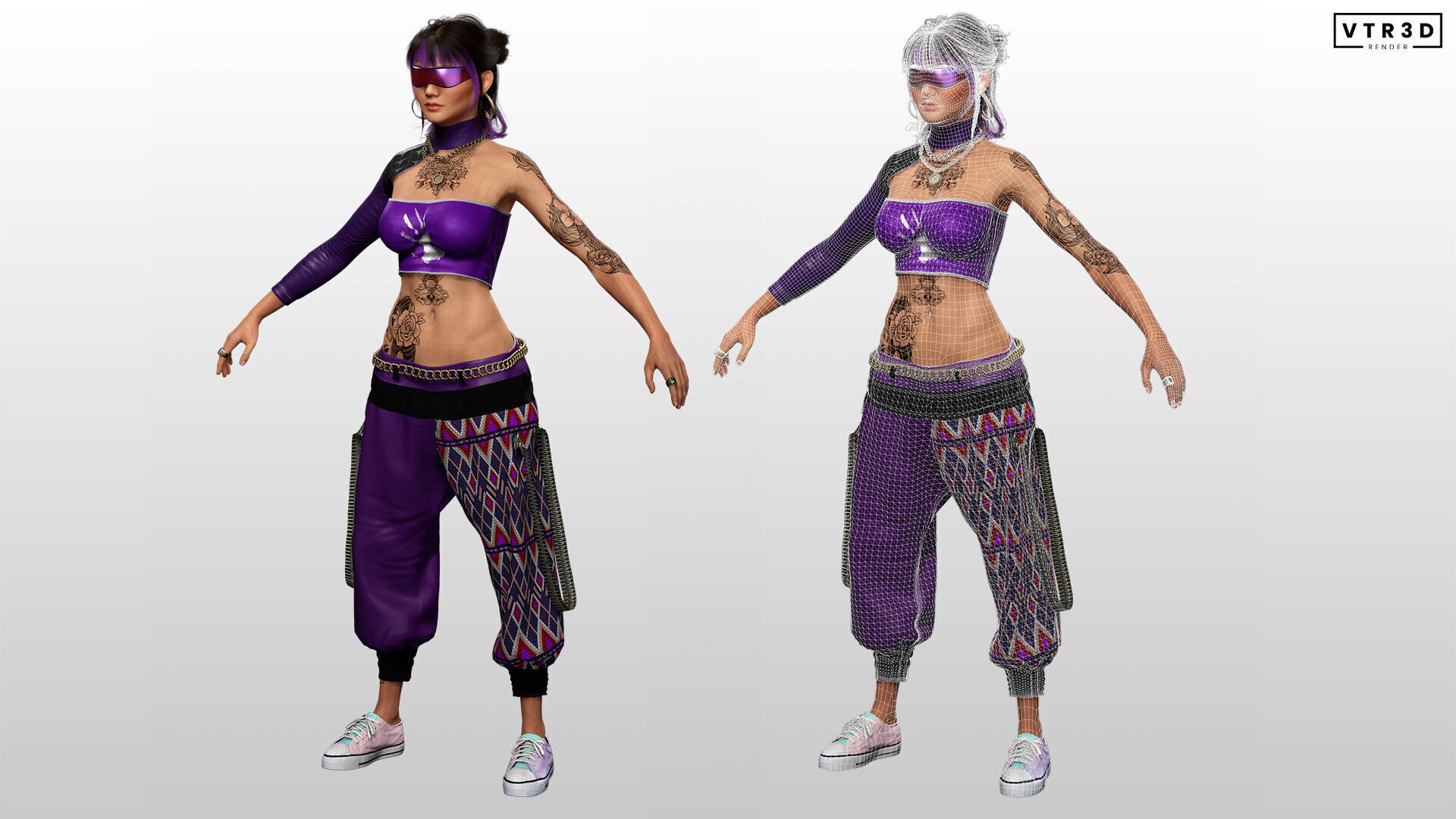 Asian Realistic Tattooed Female Character Game Ready Low-poly 3D model_3