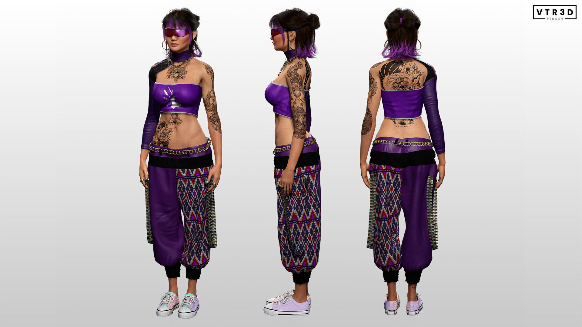 Asian Realistic Tattooed Female Character Game Ready Low-poly 3D model_8