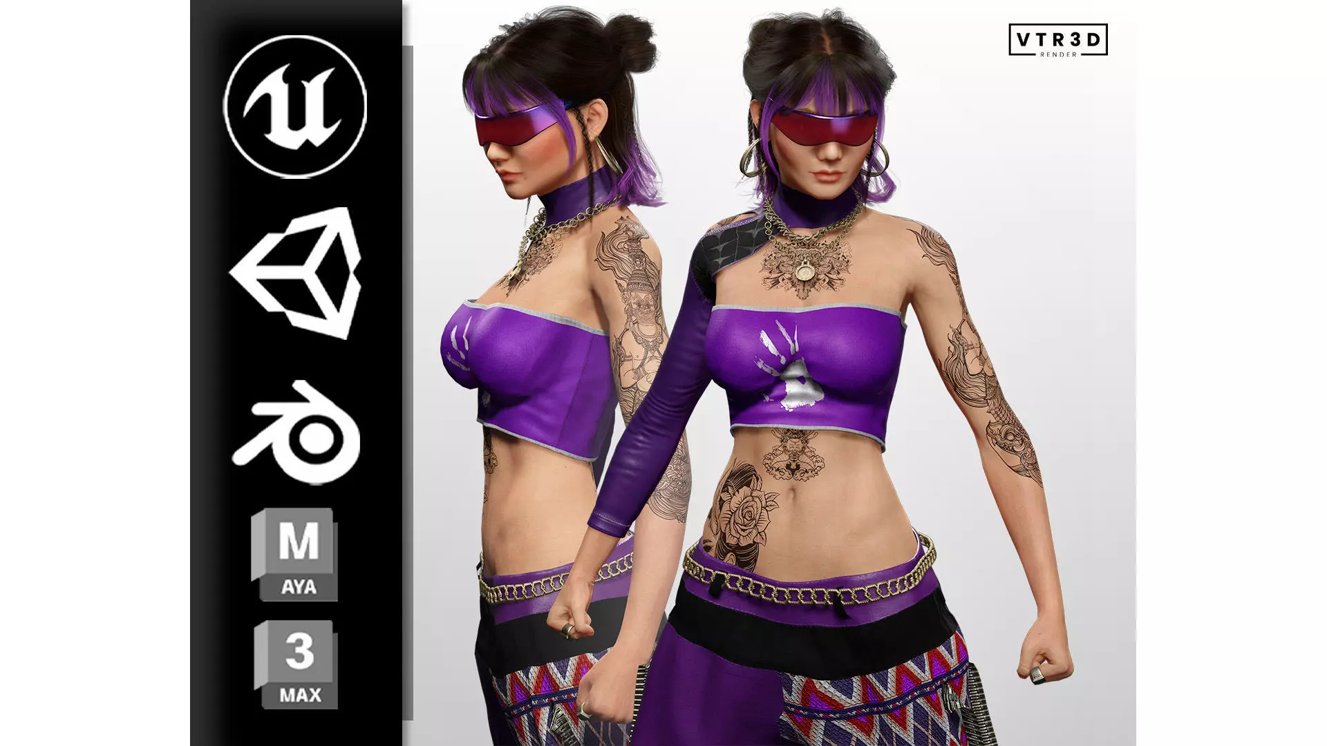 Asian Realistic Tattooed Female Character Game Ready Low-poly 3D model_0