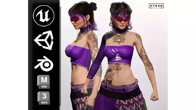 Asian Realistic Tattooed Female Character Game Ready Low-poly 3D model