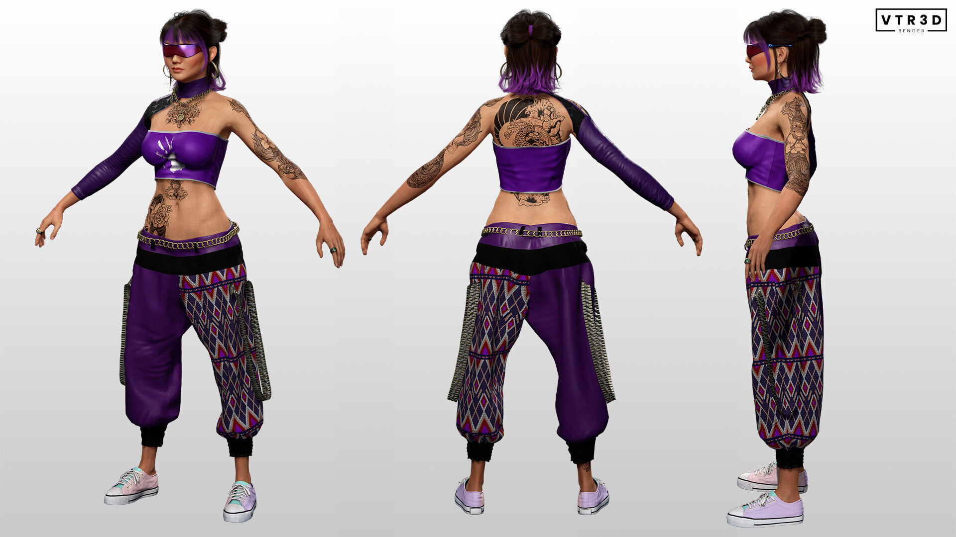 Asian Realistic Tattooed Female Character Game Ready Low-poly 3D model_4