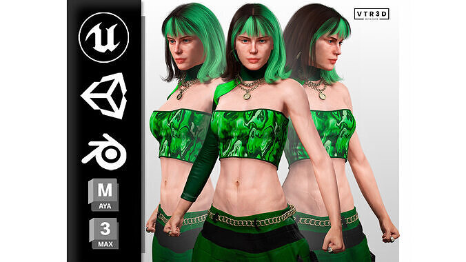 Realistic Female Character in Green Outfit Low-poly 3D model