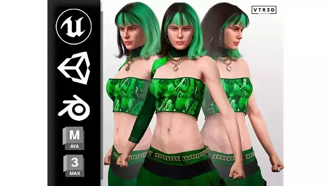 Realistic Female Character in Green Outfit Low-poly 3D model