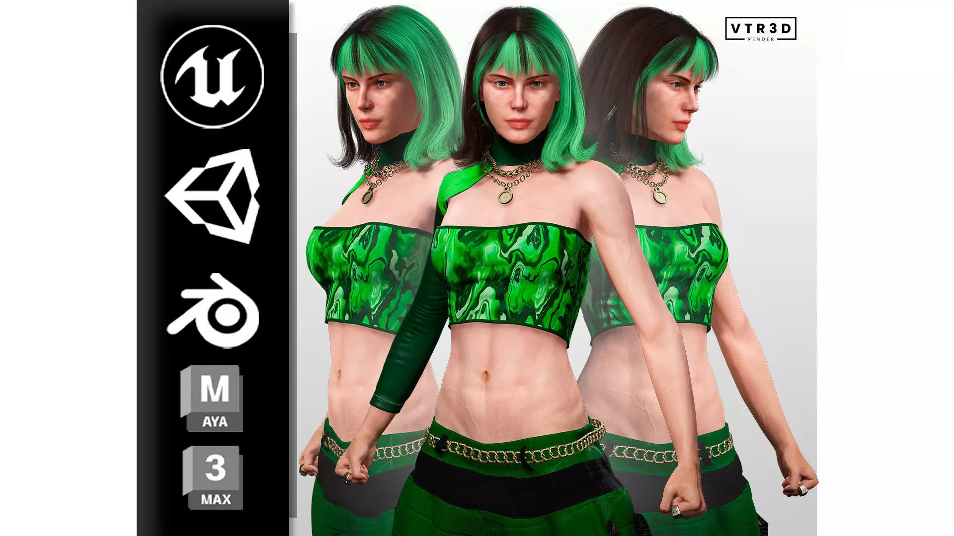 Realistic Female Character in Green Outfit Low-poly 3D model_0