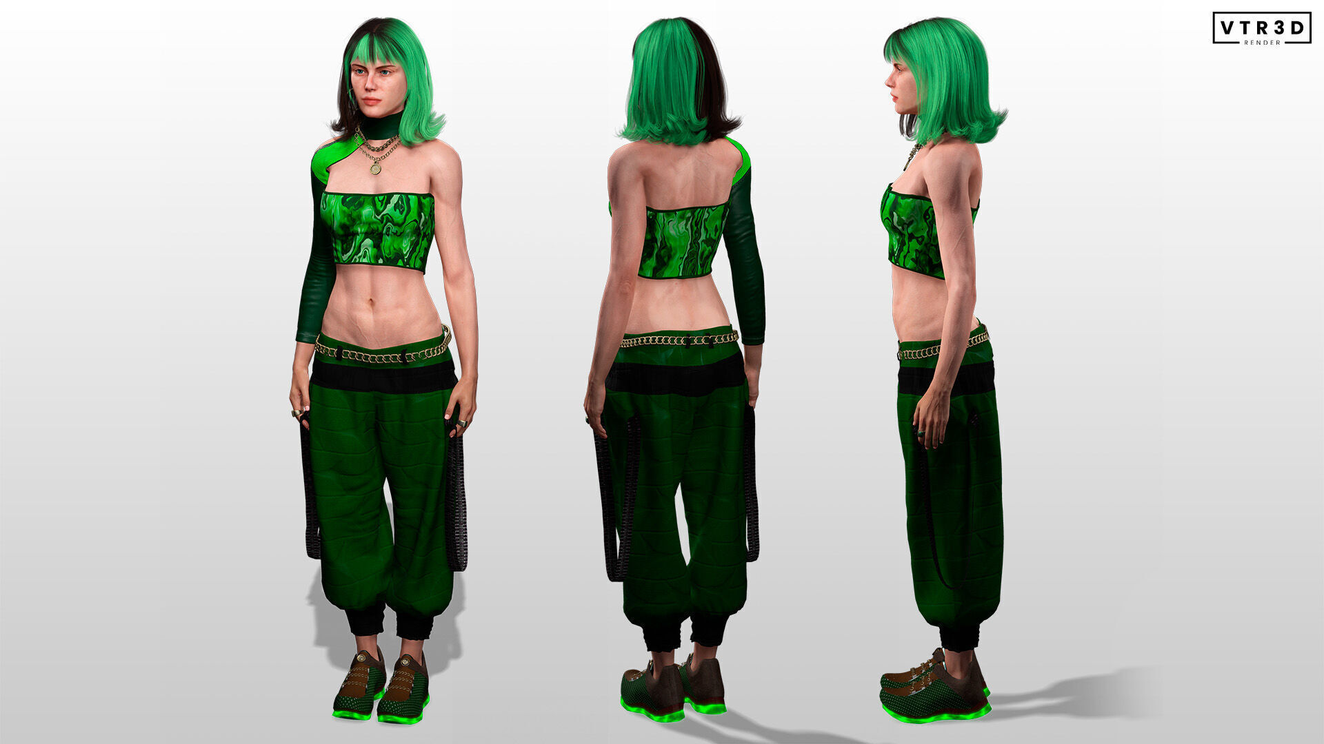 Realistic Female Character in Green Outfit Low-poly 3D model_4