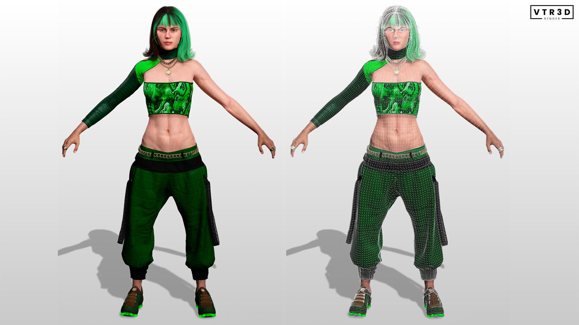 Realistic Female Character in Green Outfit Low-poly 3D model_3