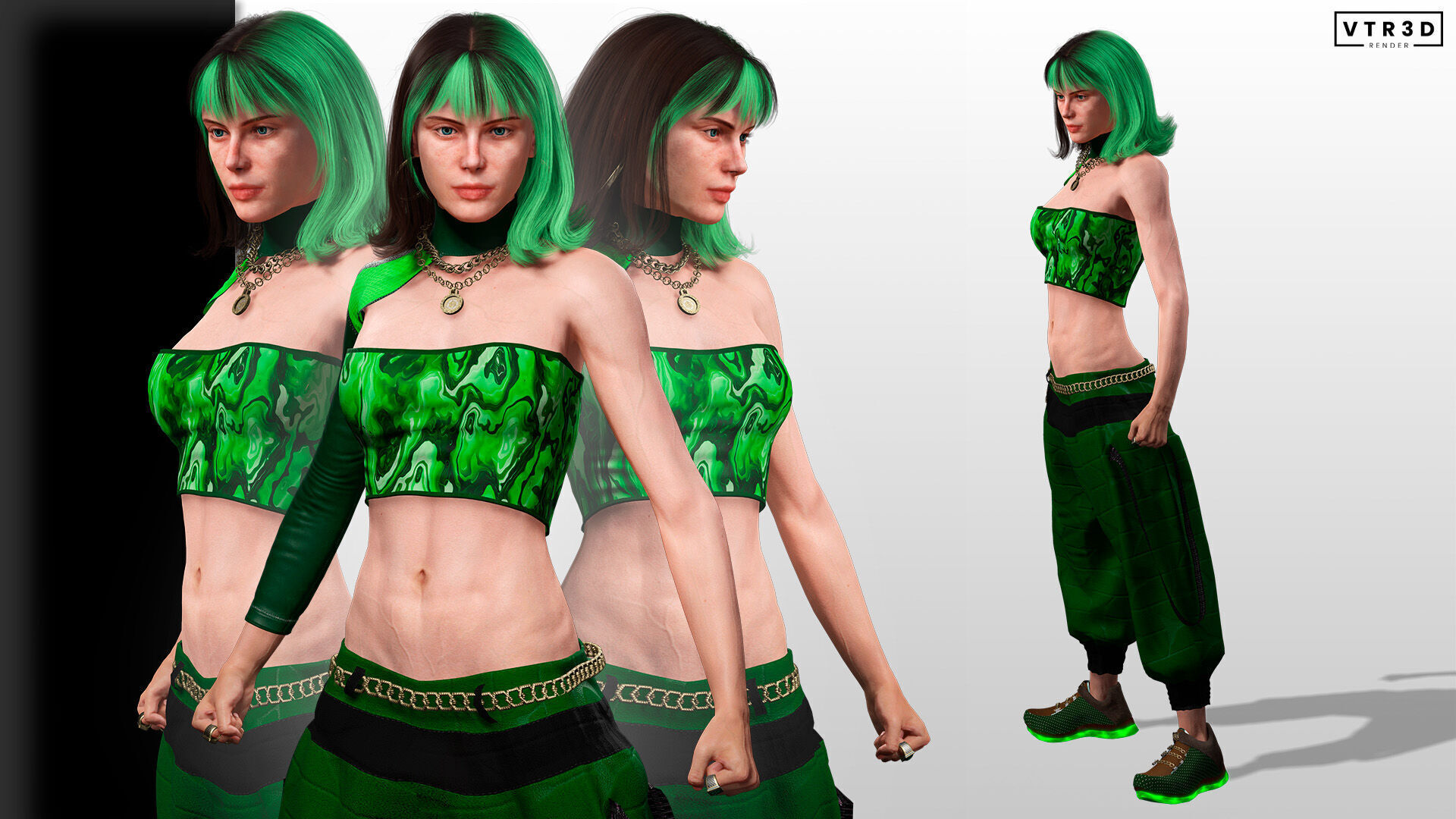 Realistic Female Character in Green Outfit Low-poly 3D model_2