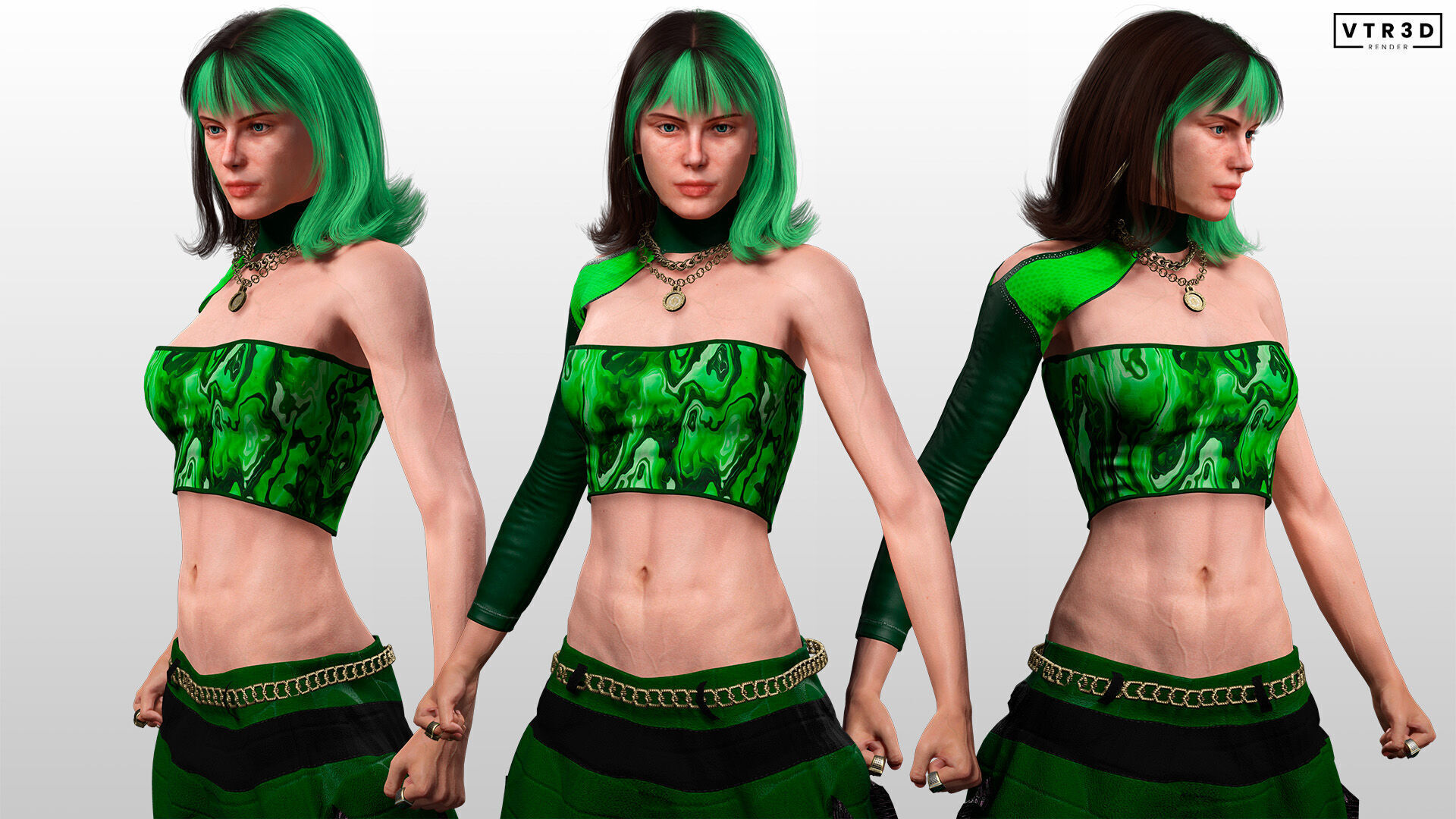 Realistic Female Character in Green Outfit Low-poly 3D model_7