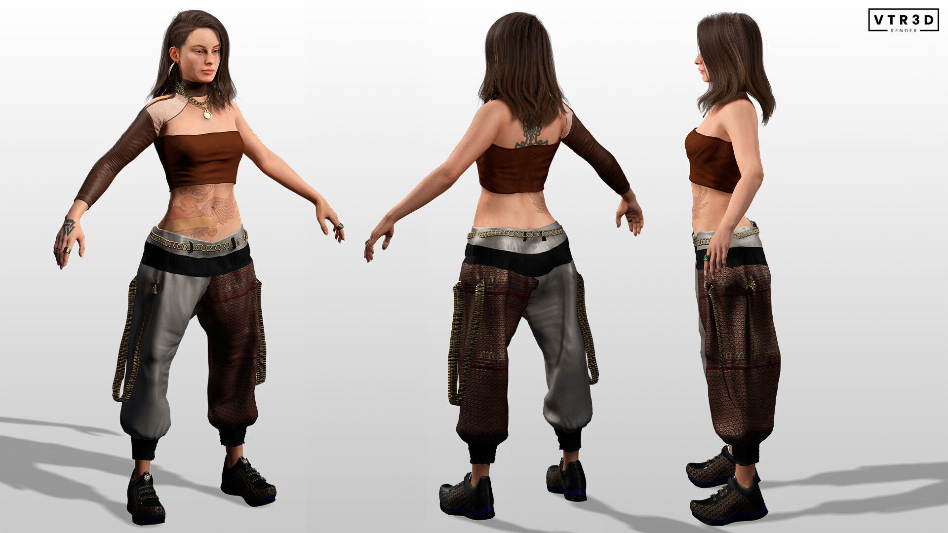 Realistic Female Game Character in Brown Outfit Low-poly 3D model_5