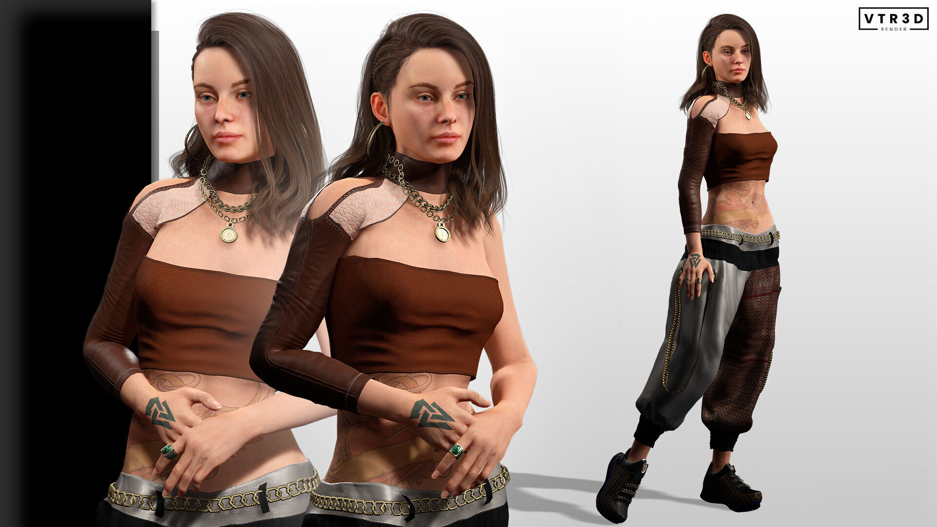 Realistic Female Game Character in Brown Outfit Low-poly 3D model_2