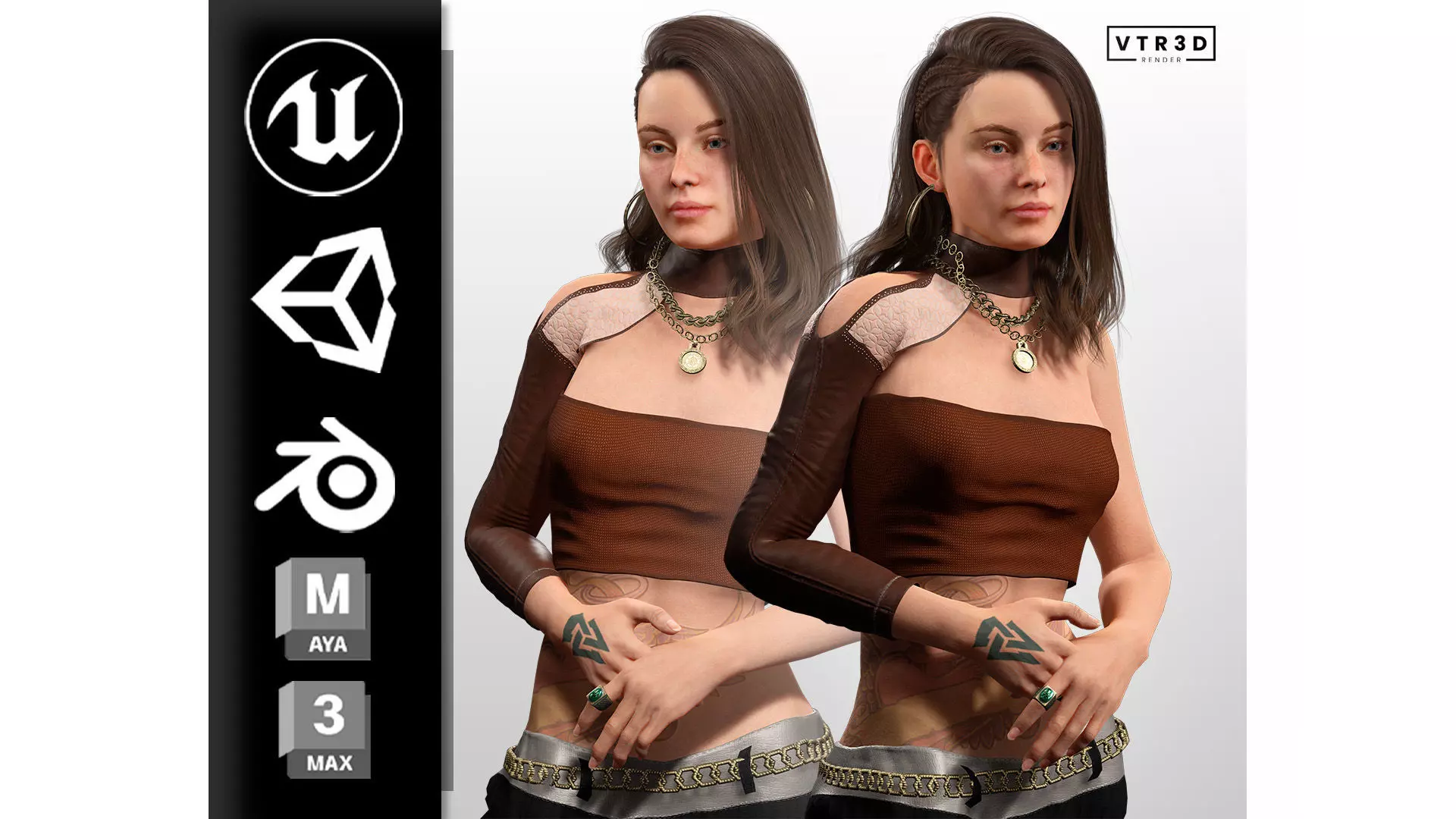 Realistic Female Game Character in Brown Outfit Low-poly 3D model_0