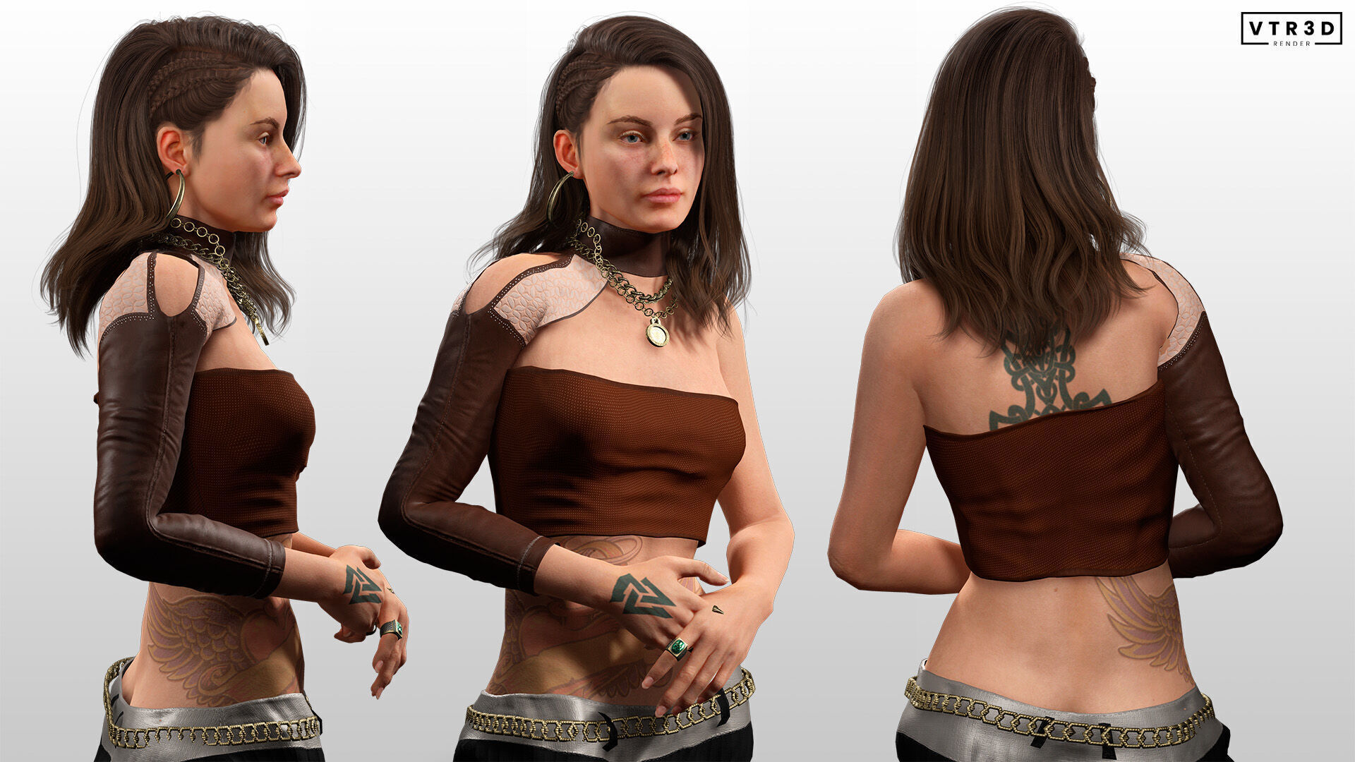 Realistic Female Game Character in Brown Outfit Low-poly 3D model_4