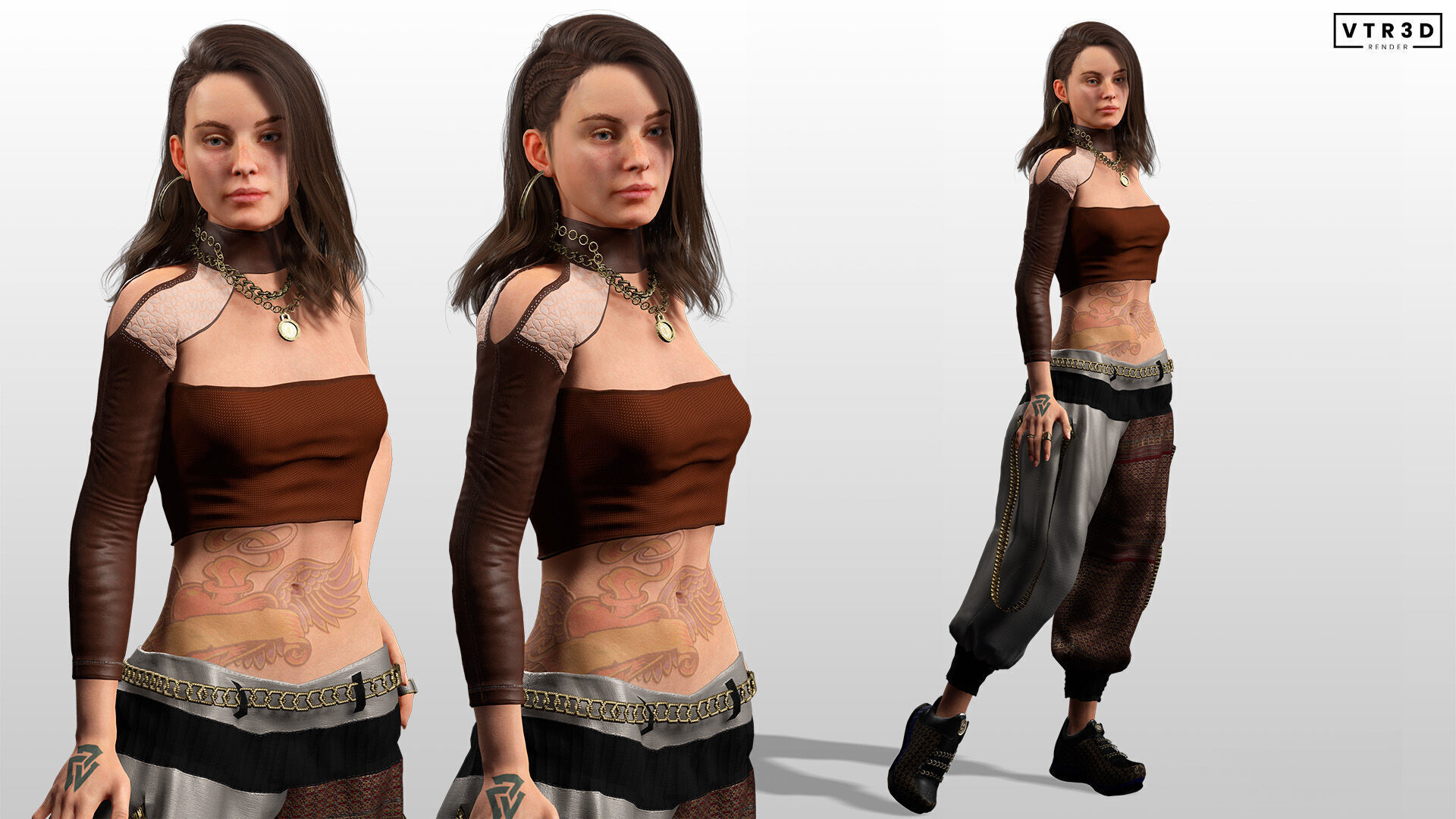 Realistic Female Game Character in Brown Outfit Low-poly 3D model_7