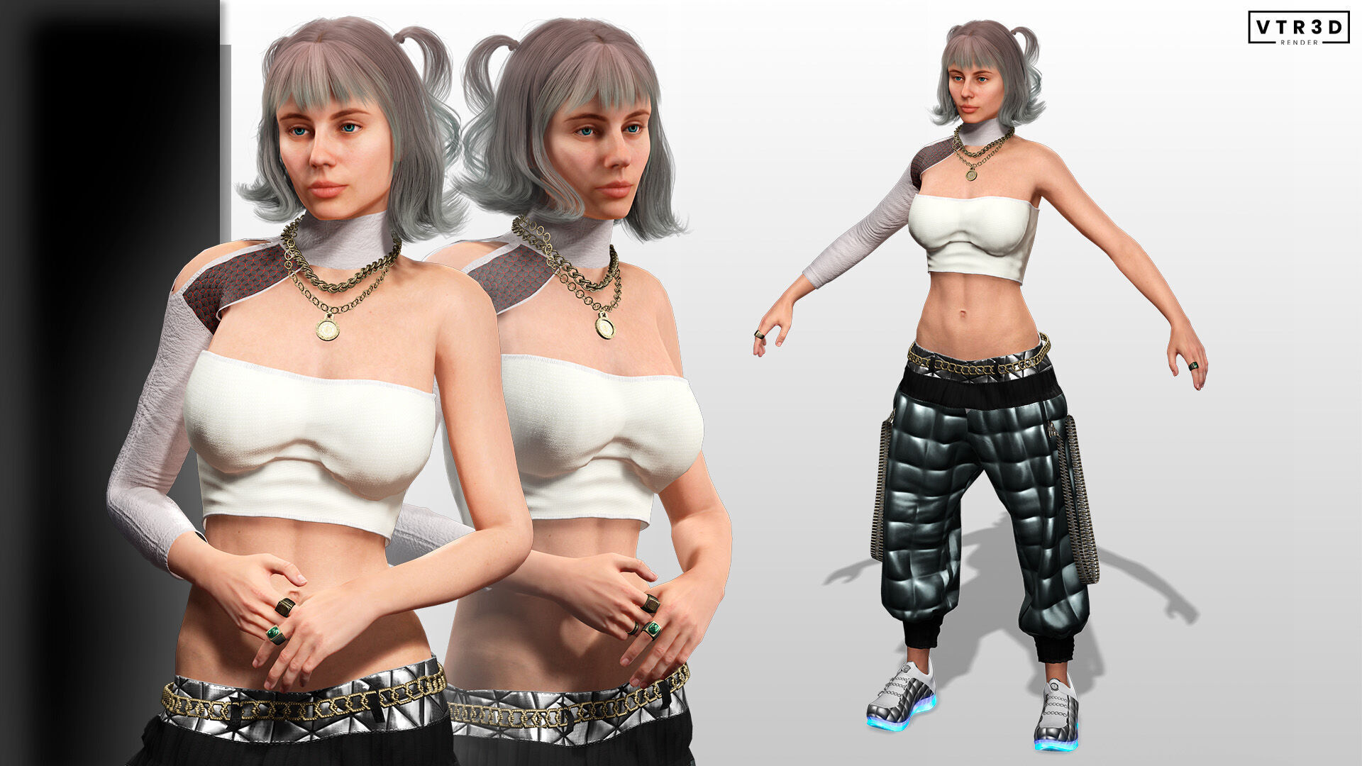 Realistic Female Character with White Outfit Low-poly 3D model_2