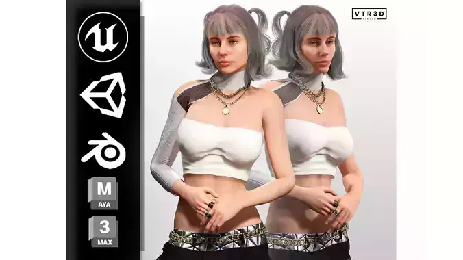 Realistic Female Character with White Outfit Low-poly 3D model